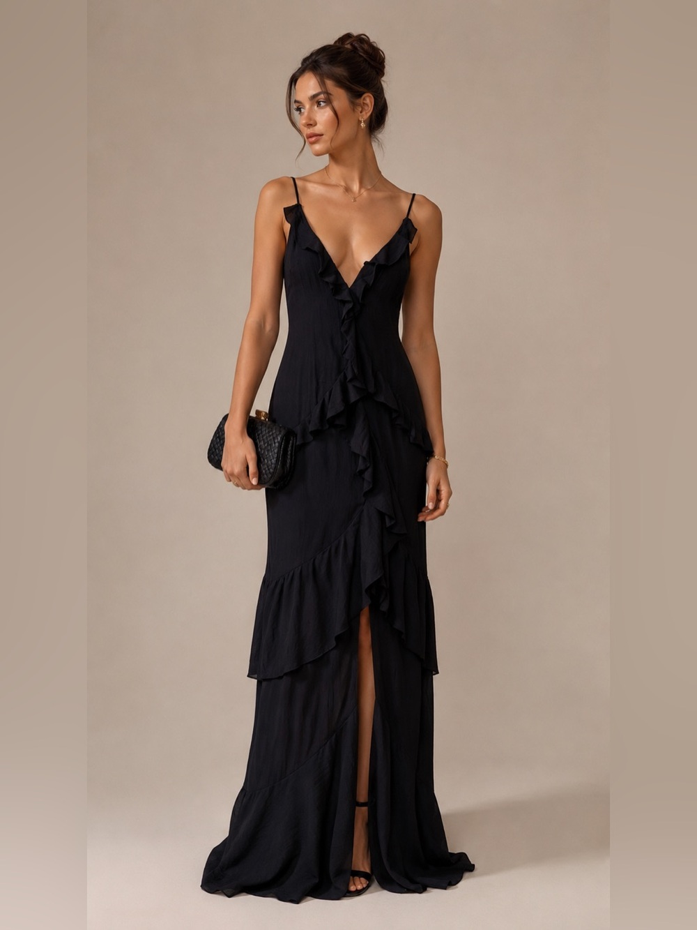 PrettyLittleThing Black Ruffle-Front Maxi Dress
